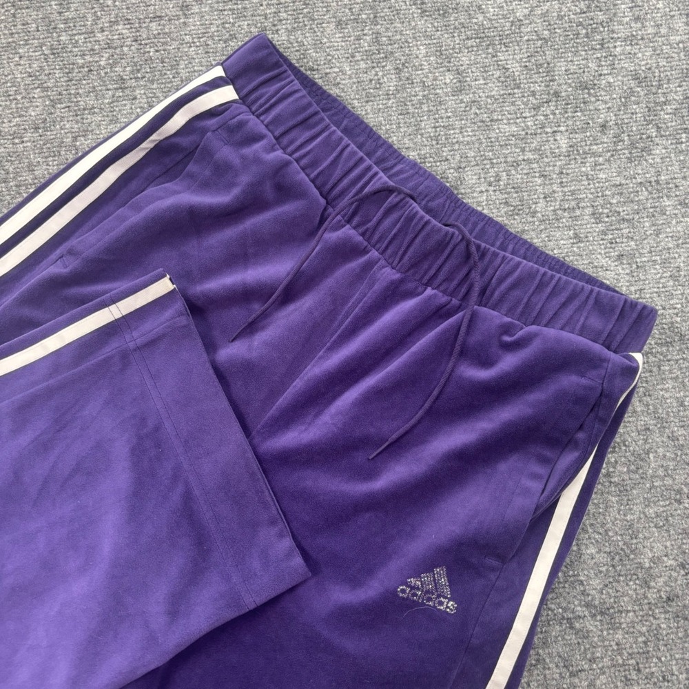 Adidas Velour Track Pants Medium Purple 3-Stripe Wide Leg Drawstring Women's